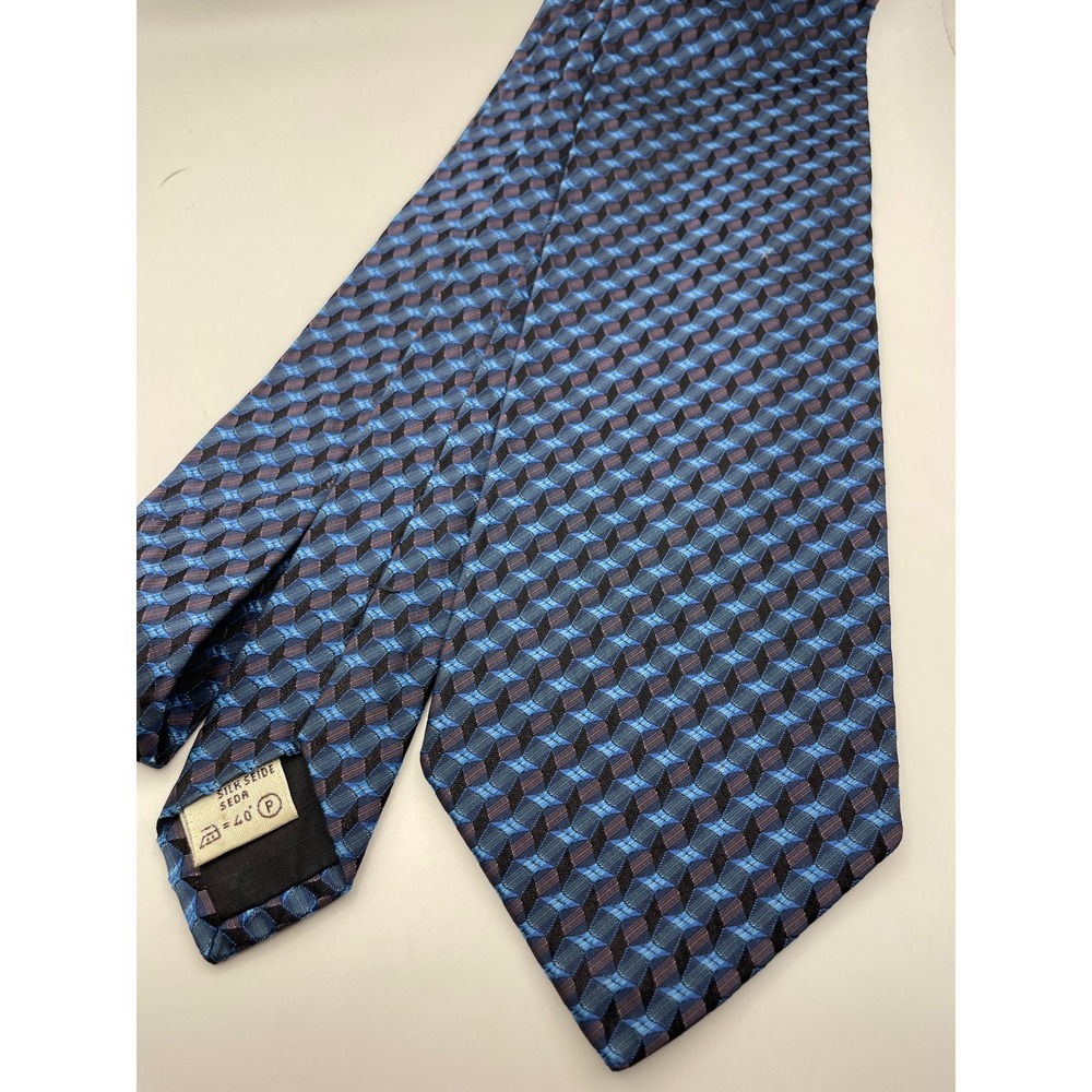 Romeo Gigli Mens Silk Tie Blue Black Geometric 3D Cube Pattern Made in Italy